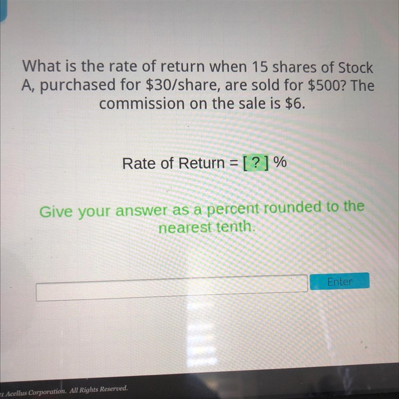 What is the rate of return when 15 shares of StockA, purchased for $30/share, are-example-1