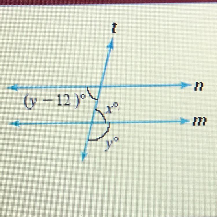 100 points!! The value of X is 12 degrees less than the value of y. Find the values-example-1