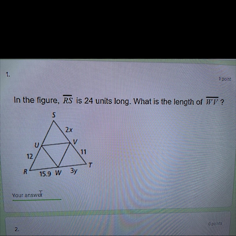 In the figure, RS is 24 units long. What is the length of WV ?-example-1