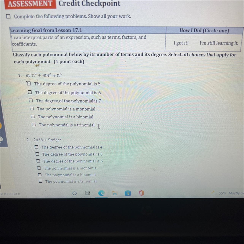 Classify each polynomial below by its number of terms and its degree. Select all choices-example-1