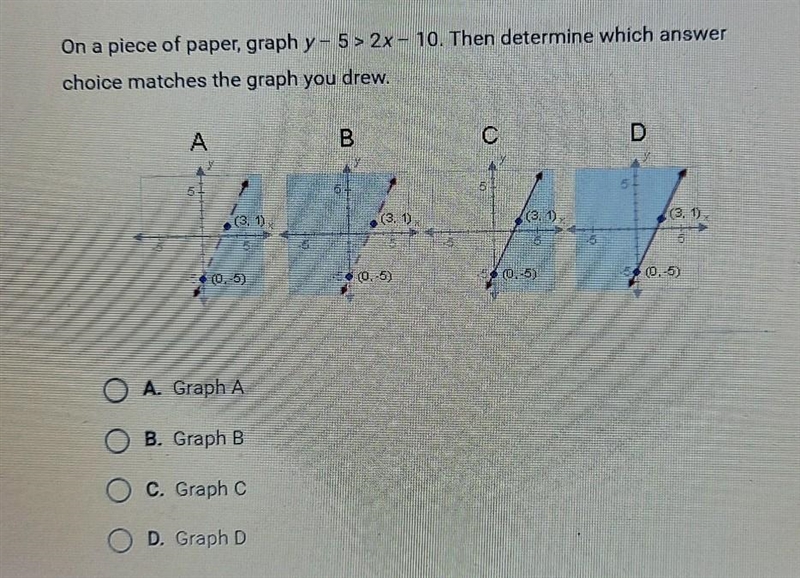 please help me with this assignment On a piece of paper graph y-5>2x-10. Then determine-example-1