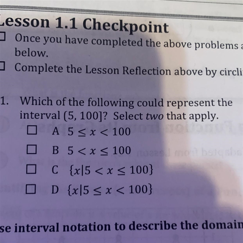 Which of the following could represent the interval (5, 100]? Select two that apply-example-1