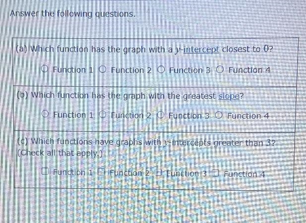 (a) Which function has the graph with a y-intercept closest to 0 ?(b) Which function-example-2