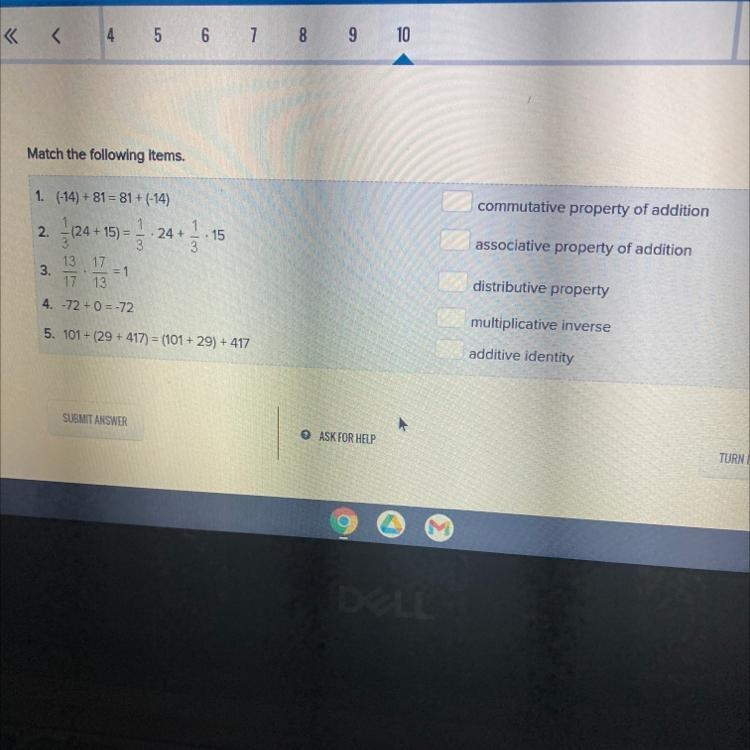 Match the following items.1. (-14) + 81 = 81 + (-14)commutative property of addition-example-1