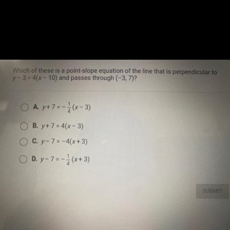 Which of these is a point-slope equation of the line that is perpendicular toy-3= 4(x-example-1