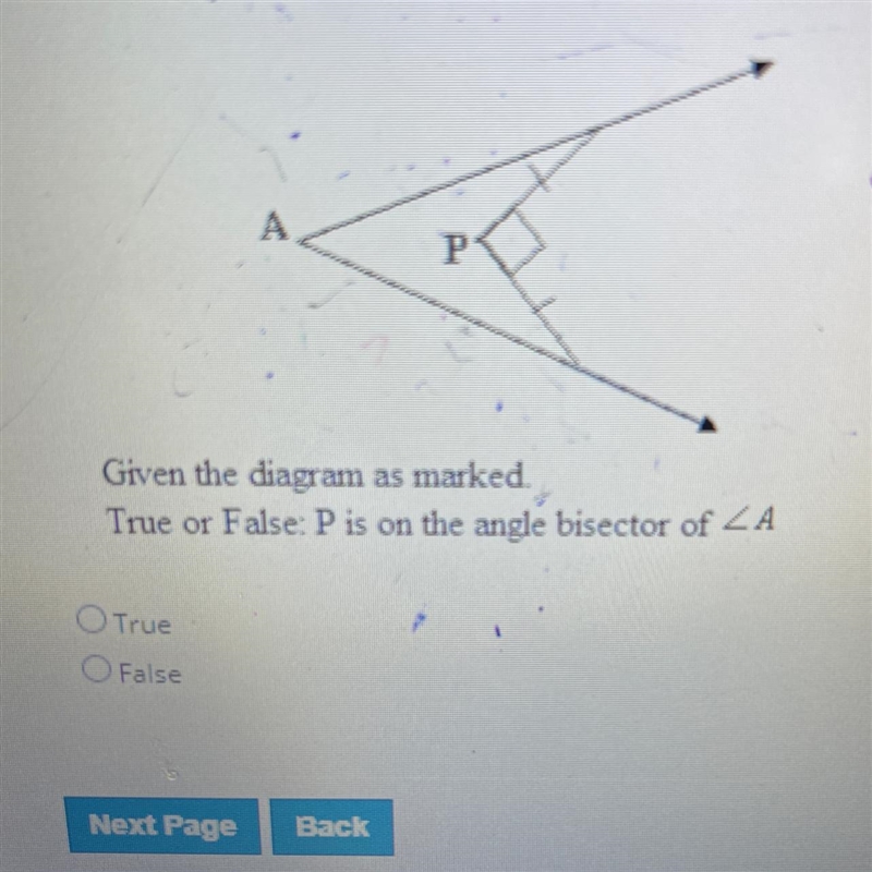 A True False P Given the diagram as marked. True or False: P is on the angle bisector-example-1