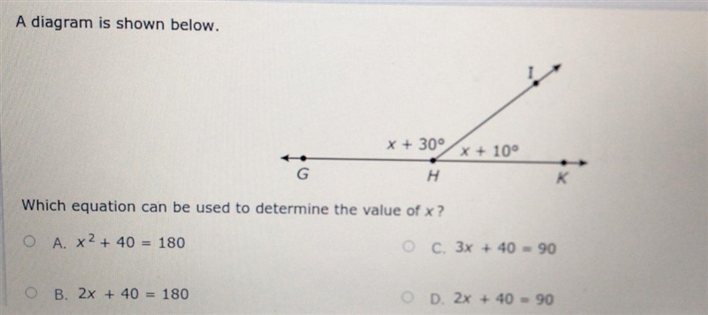 X + 30° x + 10° G н K Which equation can be used to determine the value of x?-example-1