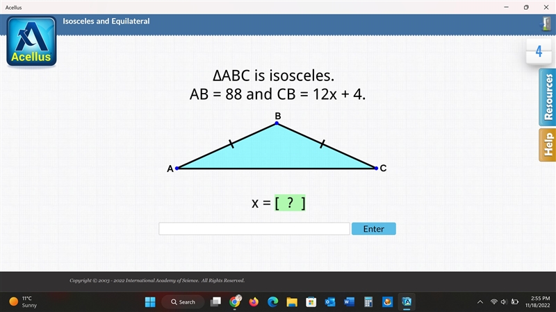 HELP NOW 100 POINTS! ABC Is isosceles AB = 88 and CB = 12x +4 X= [?]-example-1