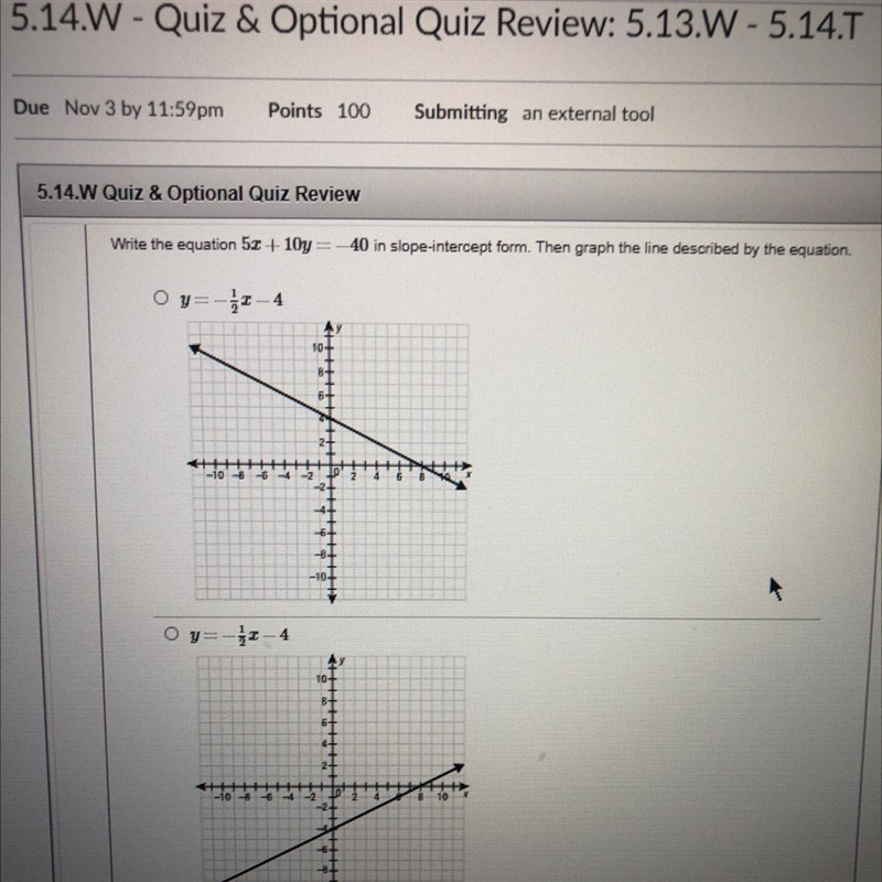 Write the equation 5X +10y= -40 in slope intercept form and graph.-example-1