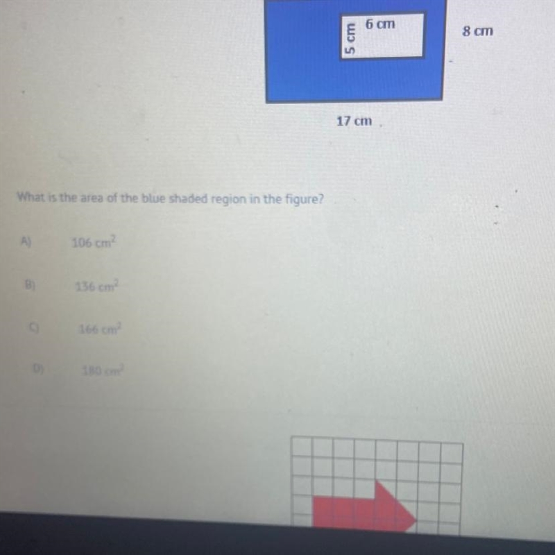 What is the area of the blue shaded region in the figure? A 106 cm B) 136 cm 166 cm-example-1