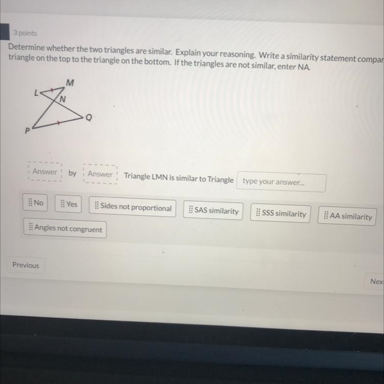 Determine whether the two triangles are similar.type your answer...NoYesSides not-example-1