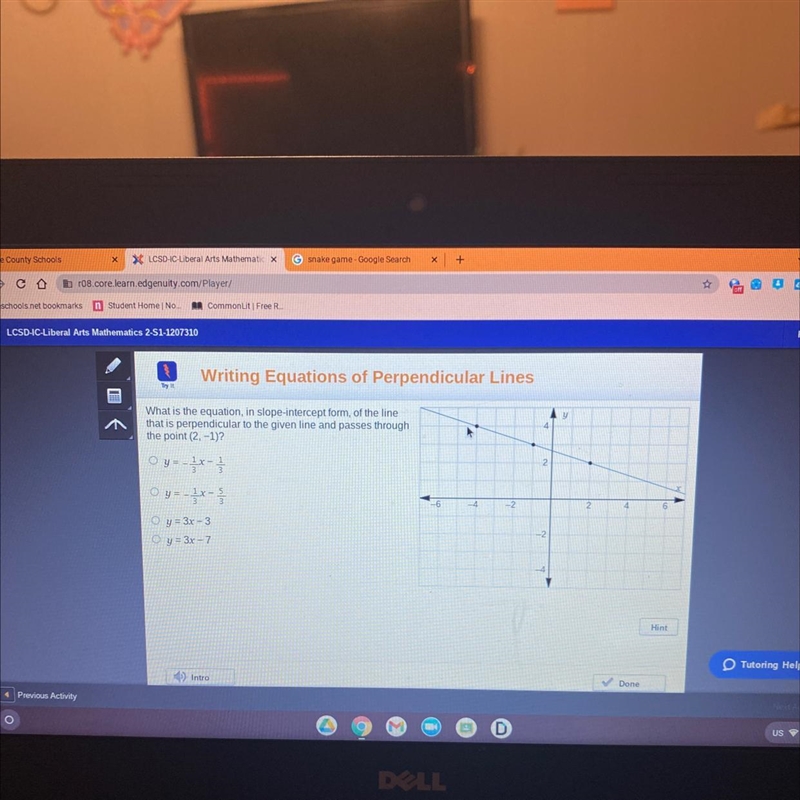 What is the equation, in slope-intercept form, of the linethat is perpendicular to-example-1