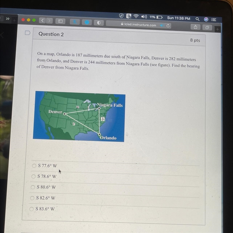 On a map, Orlando is 187 millimeters due south of Niagara Falls, Denver is 282 millimetersfrom-example-1