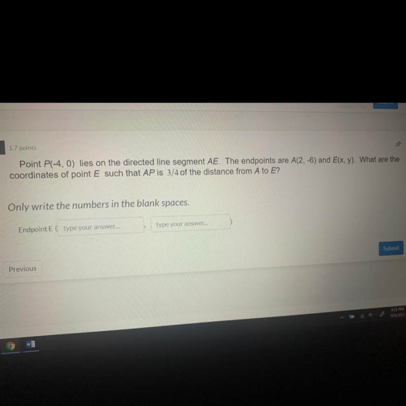 What are the coordinates of point E such that AP is 3/4 of the distance from A to-example-1