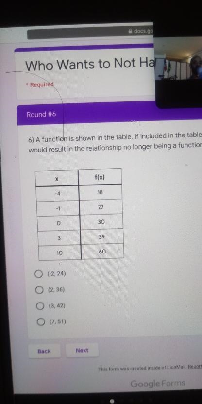 6) A function is shown in the table. If included in the table, which ordered pair-example-1