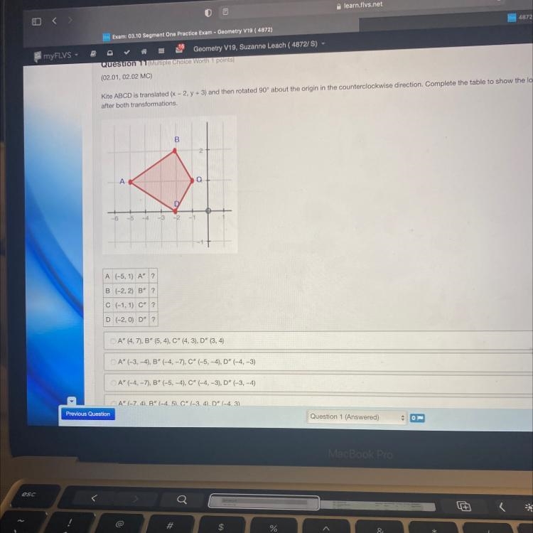 Kite ABCD is translated (x - 2, y + 3) and then rotated 90° about the origin in the-example-1