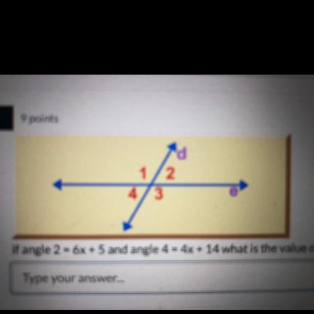 If angle 2 = 6x + 5 and angle 4 = 4x + 14, what is the value of angle 2? Round your-example-1