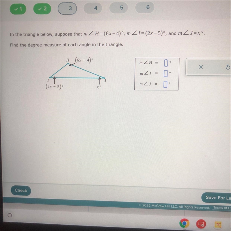 In the triangle below, suppose that mZH= (6x-4)°, mZ1 = (2x-5)°, and m Find the degree-example-1