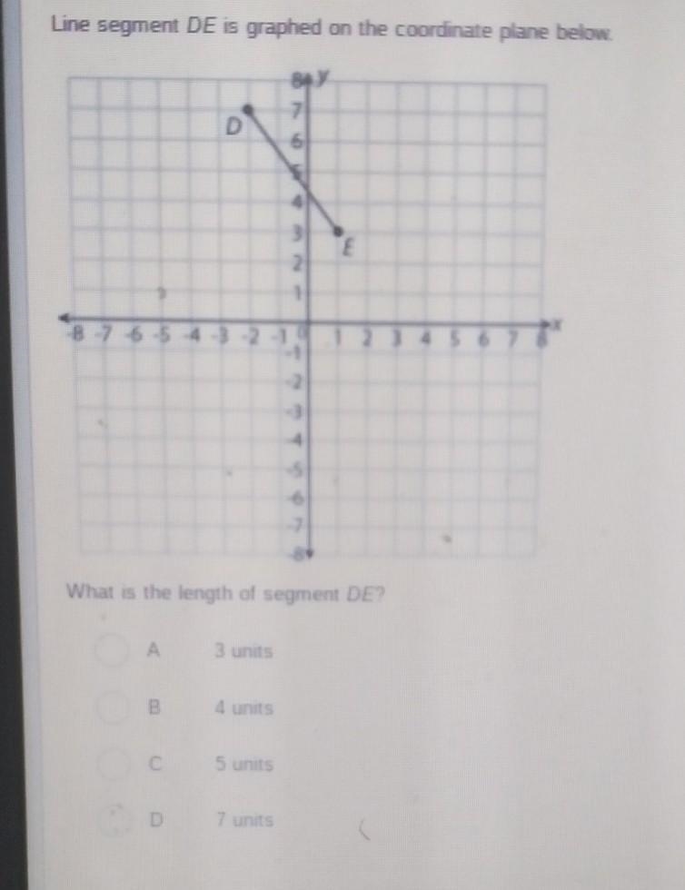 Question 2 Line segment DE is graphed on the coordinate plane below. h 8 7 6 5 4 3 2 1 1 + 1 What-example-1