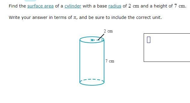 Find the surface area of a cylinder with a base radius of and a height of .Write your-example-1