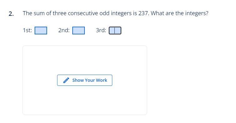 The sum of three consecutive odd integers is 237. What are the integers?-example-1