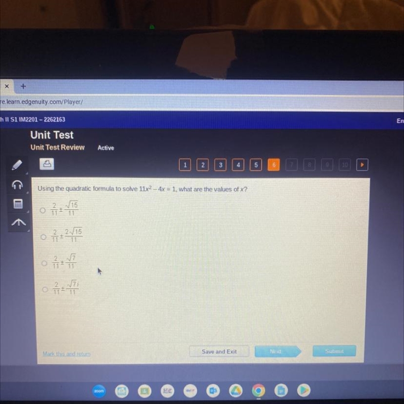 Using the quadratic formula to solve 11x2-4x=1, what’s re the values of x-example-1