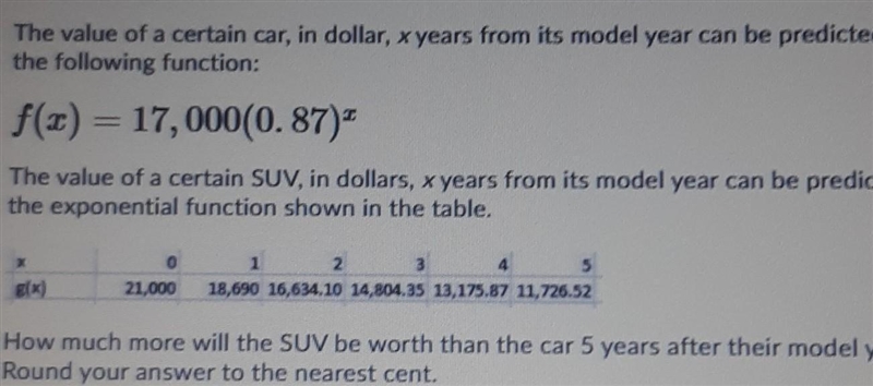 The value of a certain car, in dollar, x years from its model year can be predicted-example-1