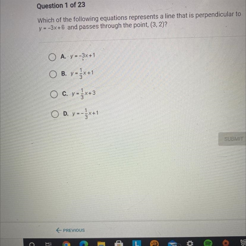 Which of the following equations represents a line that is perpendicular toy=-3x+6 and-example-1