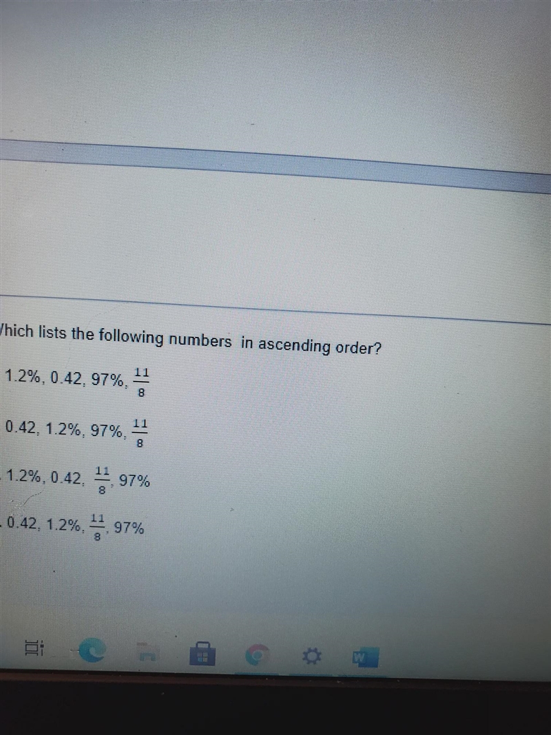 "which lists the following numbers in ascending order? 1.2%, 0.42, 97%. 8 0.42. 1.2%, 97%. 8 . 1.2%, 0.42.97% .0.42, 1.2% 97% 11 8-example-1