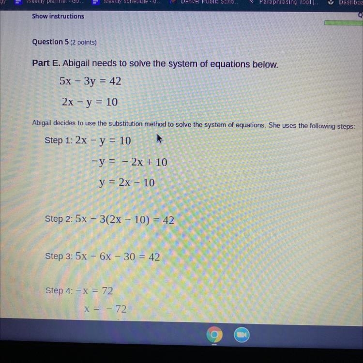 Part E. Abigail needs to solve the system of equations below.-example-1