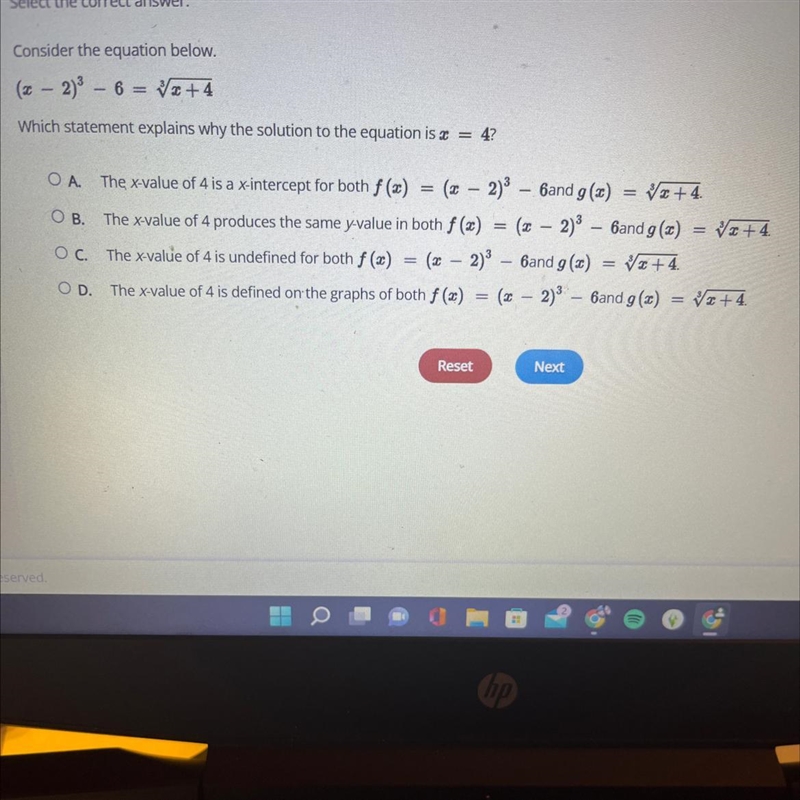 4(x - 2)³6 = √x+4Which statement explains why the solution to the equation is= 4?OA-example-1