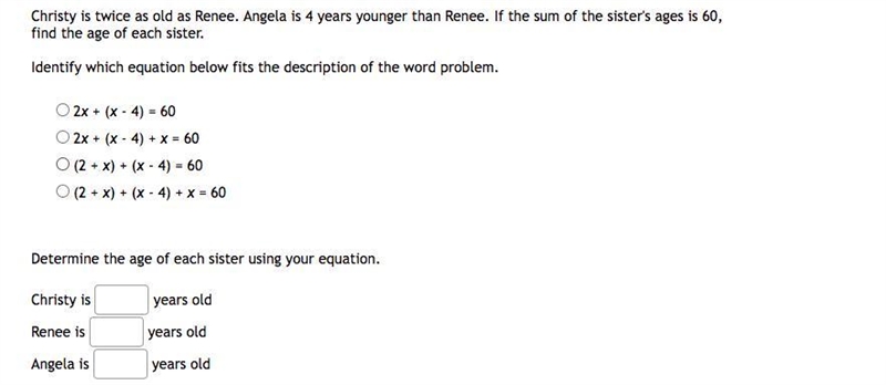 Christy is twice as old as Renee. Angela is 4 years younger than Renee. If the sum-example-1