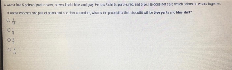 What is the probability that his pants will be blue pants and blue shirt-example-1