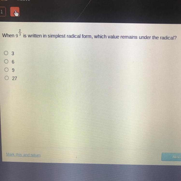 When 9 2/3 is written in the simplest form, which value remains radical?-example-1