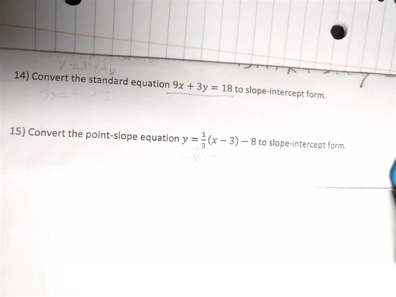 Convert the standard equation 9x + 3y =18 to slop intercept form.Covert the point-example-1