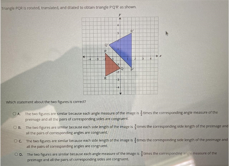 Triangle PQR is rotated, translated, and dilated to obtain triangle P'Q'R' as shown-example-1