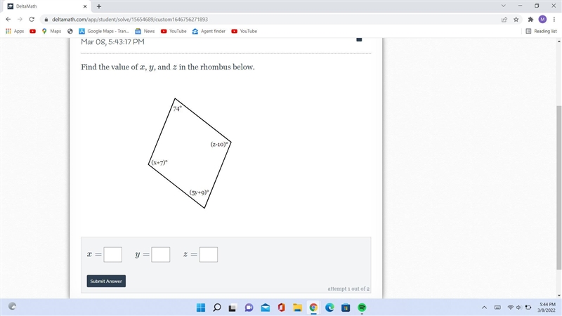 Find the value of x, y, and z in the rhombus below.-example-1