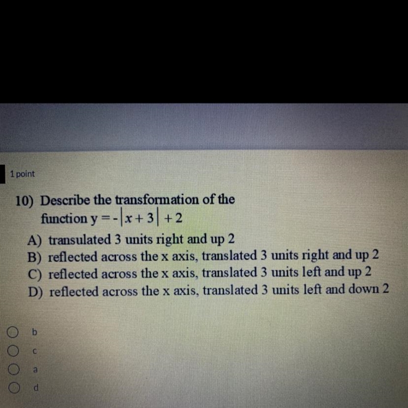 101 point10) Describe the transformation of thefunction y =-\x+31 +2A) transulated-example-1