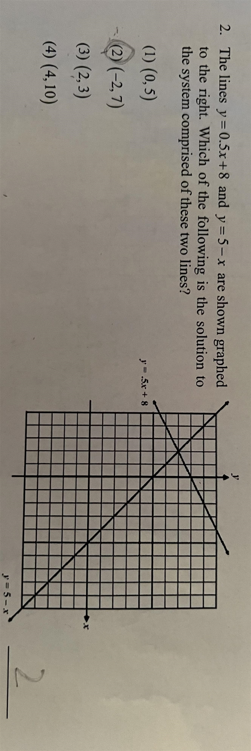 The lines y=0.5x + 8 and y = 5-x are shown graphed to the right. Which of the following-example-1