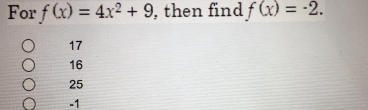 For f(x) = 4x2 + 9. then find f (x) = -2.+171625-1-example-1