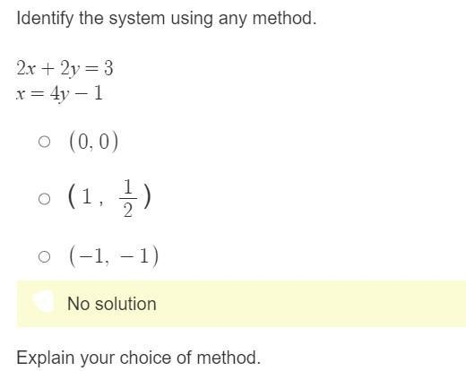 Identify the system using any method. 2x + 2y = 3 x = 4y - 1-example-1