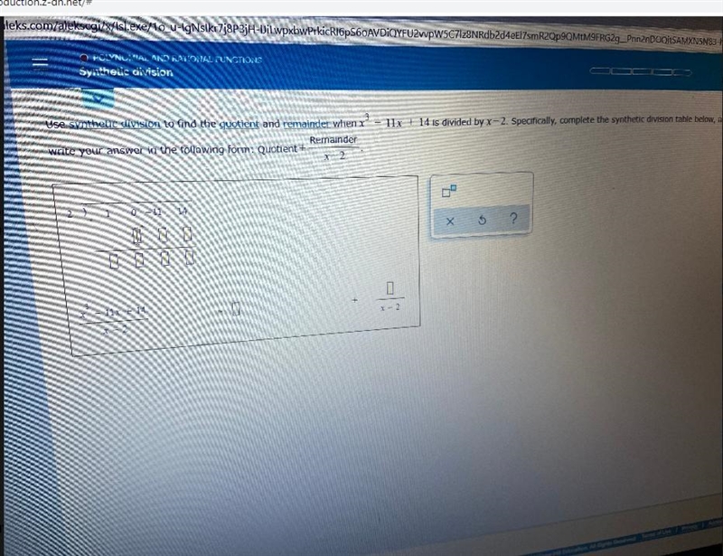 -11x + 14 is di3Use synthetic division to find the quotient and remainder when xRemainderwrite-example-1