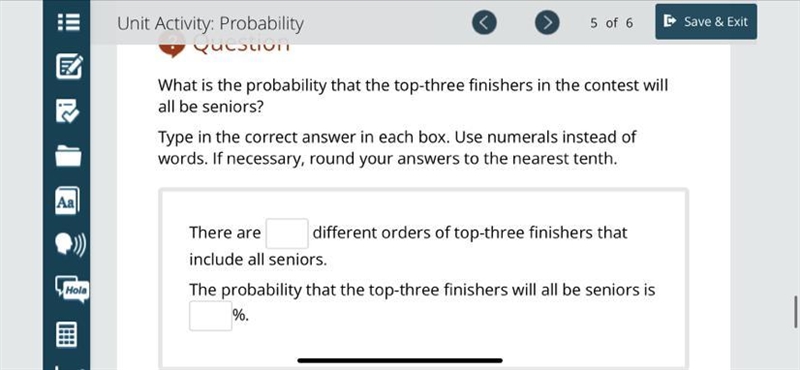 What is the probability that the top-three finishers in the contest will all be seniors-example-1