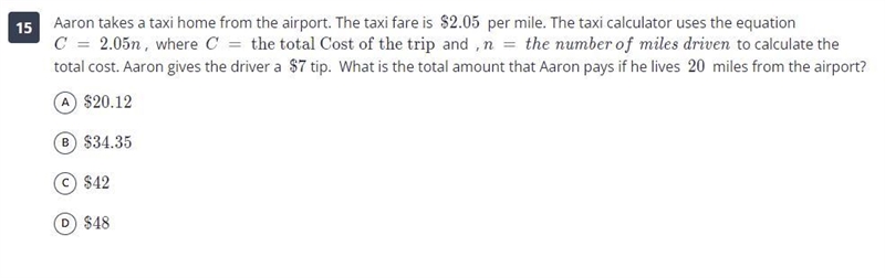 Aaron takes a taxi home from the airport. The taxi fare is $2.05 per mile. The taxi-example-1