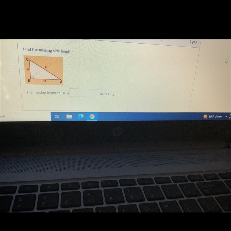 Find the missing side length. The missing hypotenuse is blank units long-example-1