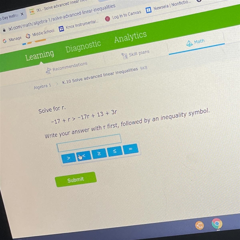 Algebra 1K.10 Solve advanced linear inequalities 9K8Solve for r.-17 + r > -17r-example-1