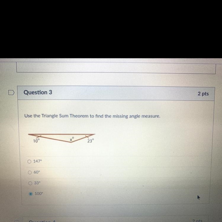 Use the triangle sum theorem to find the missing angle measure-example-1