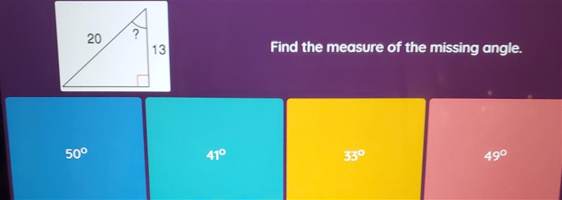 Vc 20 ? 13 Find the measure of the missing angle. 50° 410 490-example-1