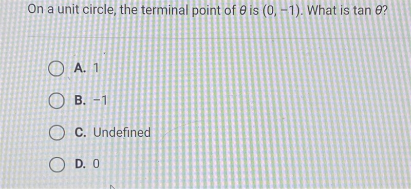 On a unit circle, the terminal point of 0 is (0, -1). What is tan 0?-example-1