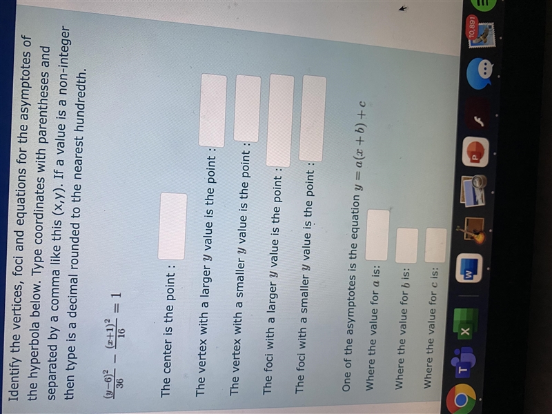 Identify the vertices, foci and equations for the asymptotes of the hyperbola below-example-1